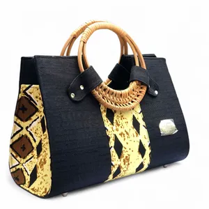 African Print Rattan Handle Handbag – Handmade Ankara Tote Bag for Women