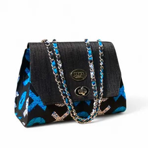Structured African Print Shoulder Bag with Black Flap & Chain Strap (Ann Classic)